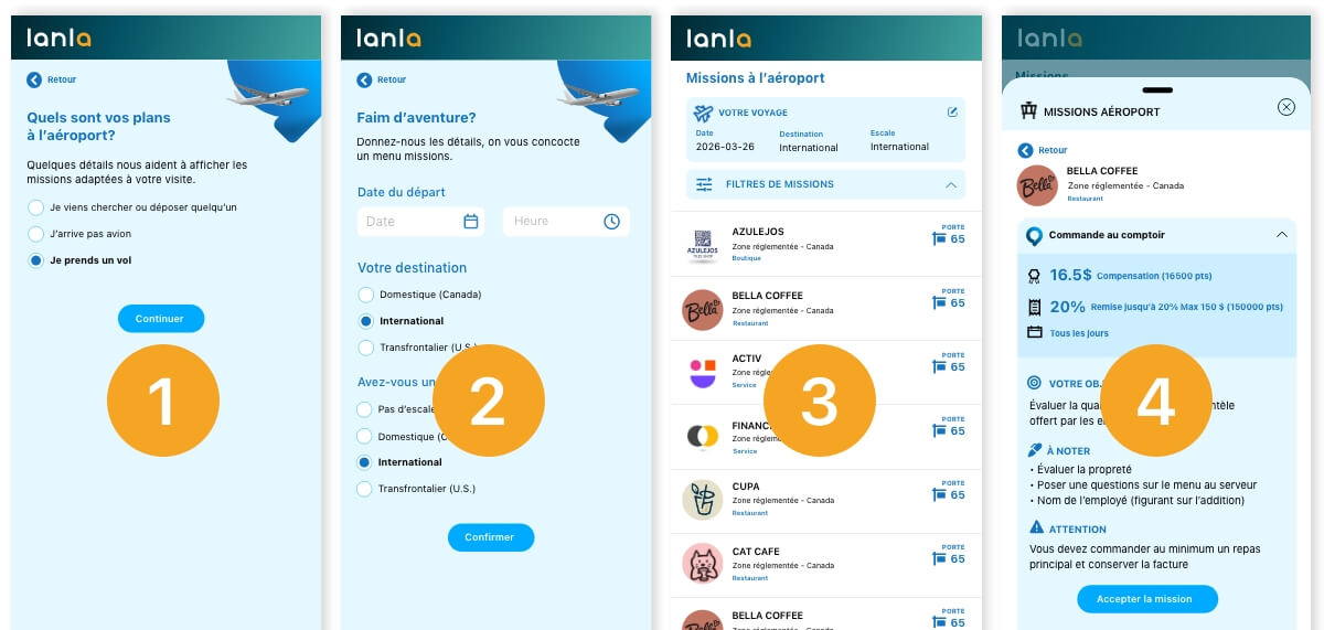 Écrans de l'app Lanla pour réserver une mission YUL